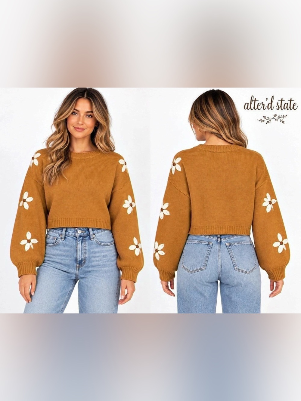 Altar’d State Daisy Appliqué Cropped Sweater Small Oversized Mustard Brown Flora